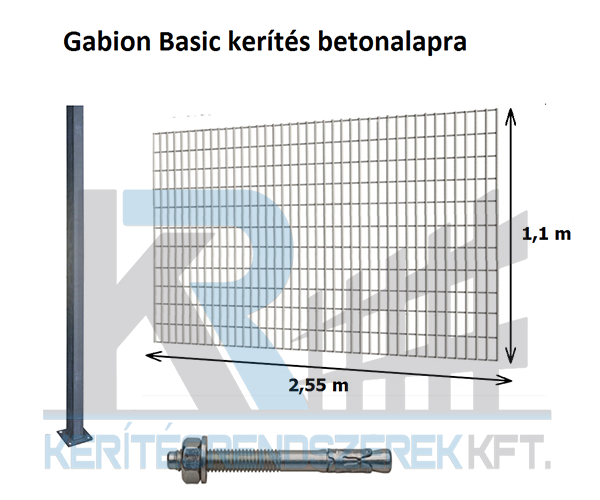 Szett Gabion Basic kerítés betonalapra 30 cm széles 160 cm magas 120 cm hosszú